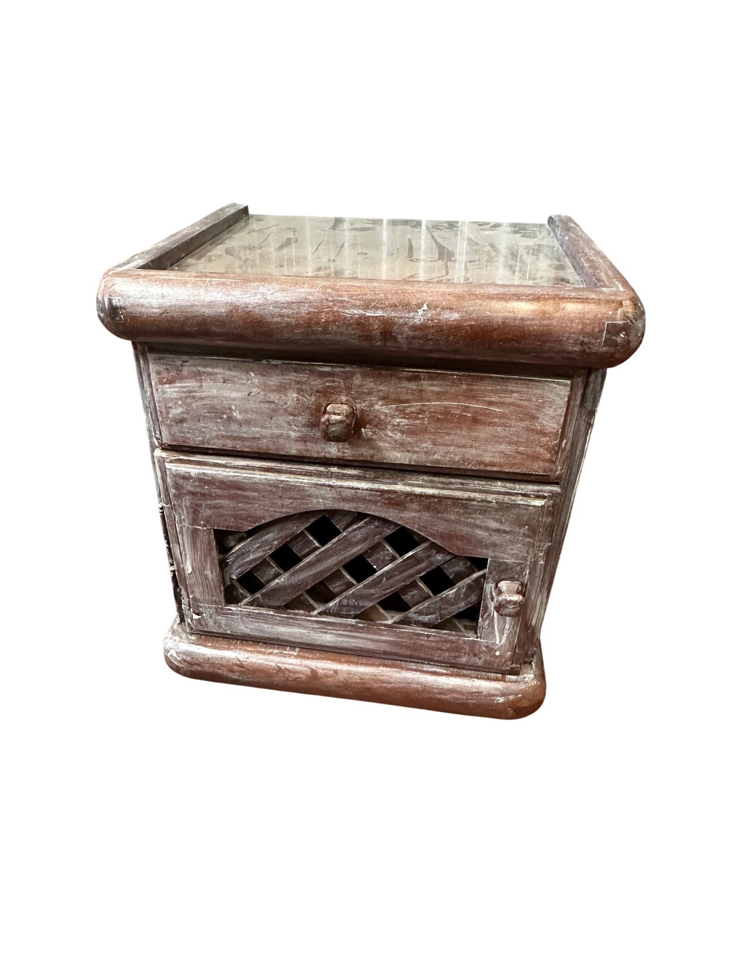 Mesa de luz rústica con puerta y cajón