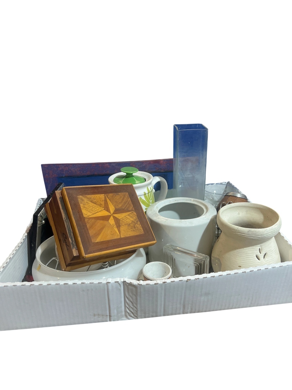 Lote de bazar y deco: tetera, potes y florero